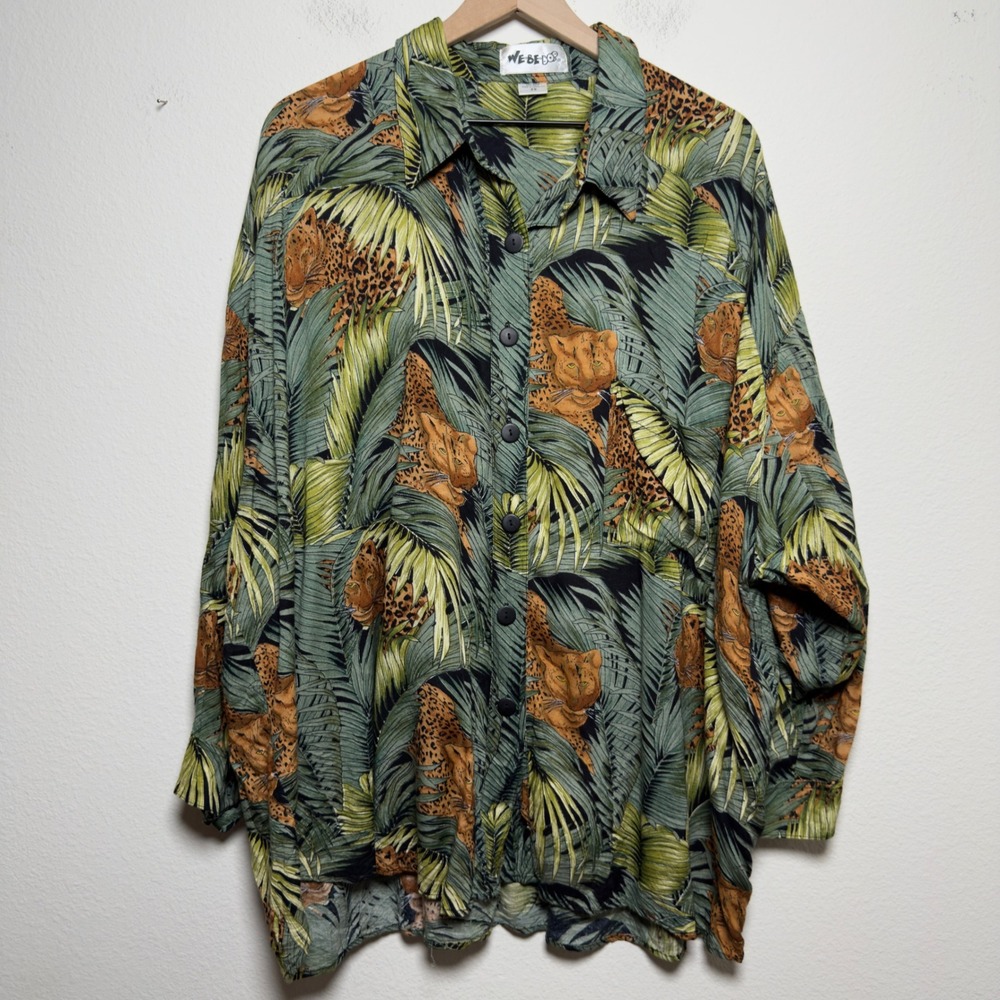 We Be Bop Women Rayon Button Up Shirt 2X Green Leopard Jungle Tropical Print